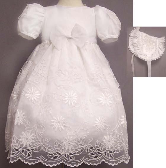 2Pc Christening Dress With Cutwork Embroidery (Sizes: 0-3) image