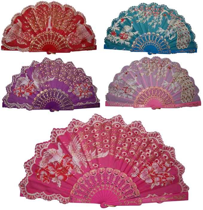 Spanish Party Dance Hand Folding Fans Peacocks w/ Glitter image