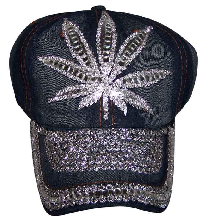 Marijuana Weed  Rhinestones Blue Denim  Baseball  Caps image