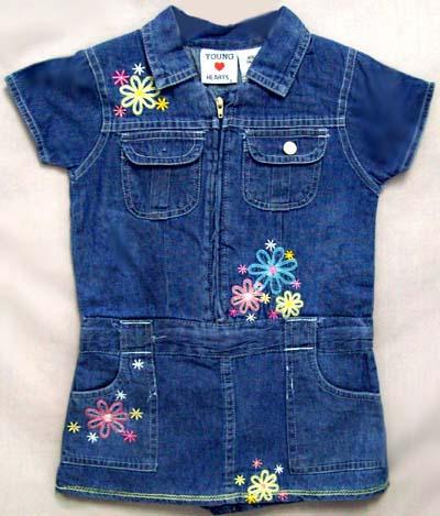 "Young Hearts"  Girls Embroidered Blue Denim Romper-Short  (4-6X) image