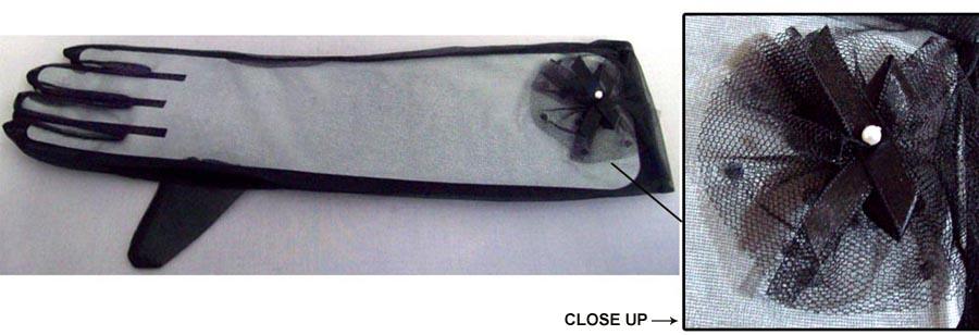 Womens Sheer Gloves With Bow . Elbow Length. - Black Color image