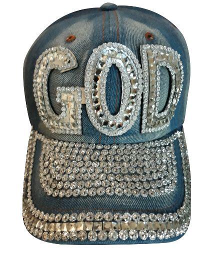 GOD Jewelled & Rhinestones Blue Denim Baseball Caps For Adults image