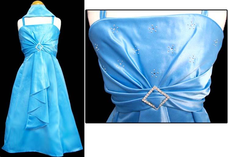 Girls Sleeveless Party Dress With Rhinestones & Scarf  - Aqua image