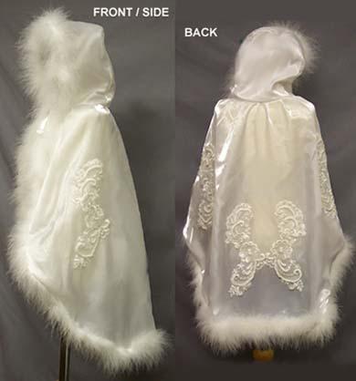 Hooded Christening Cape  With Fur -  White Crystal Satin image