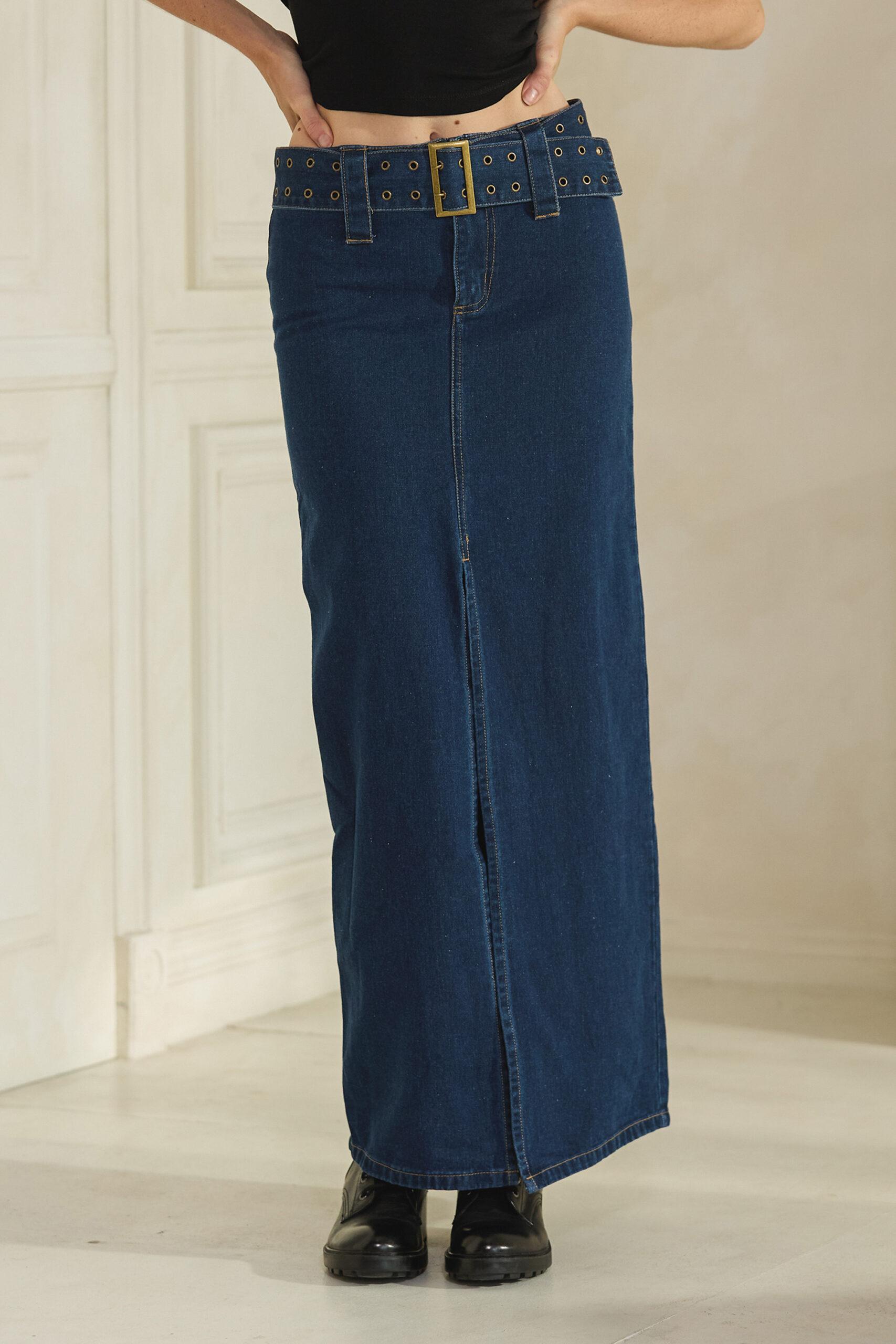 MB1400 - Low rise buckle front denim skirt image