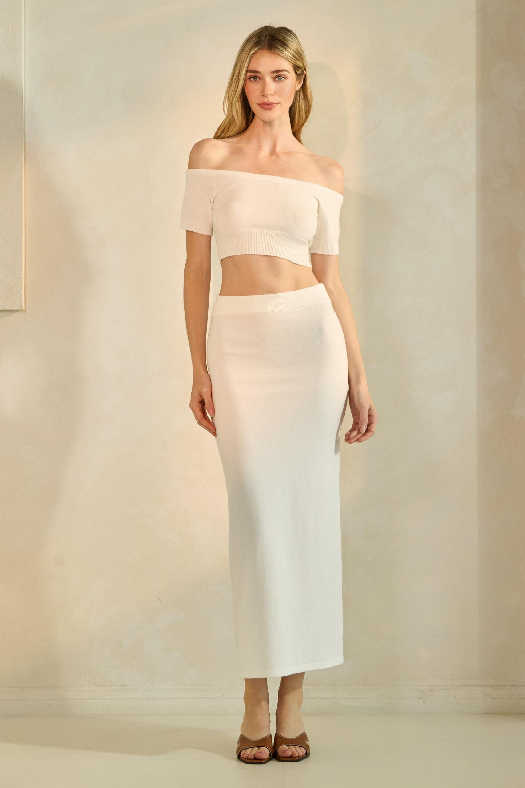 MTBS1861 - Knit off shoulder top and maxi skirt set image