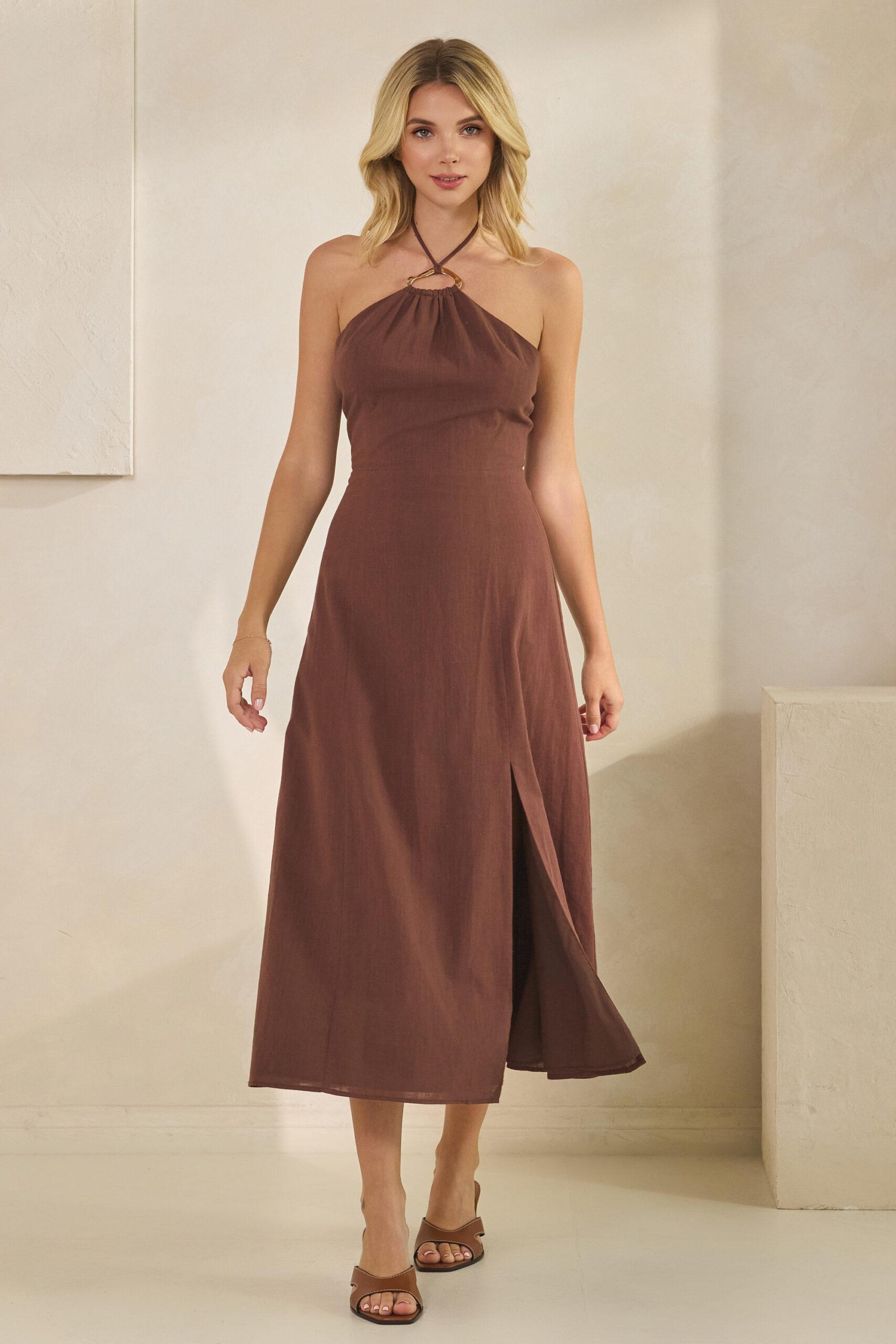 MD2883 - Halter Ring Linen Maxi Dress image