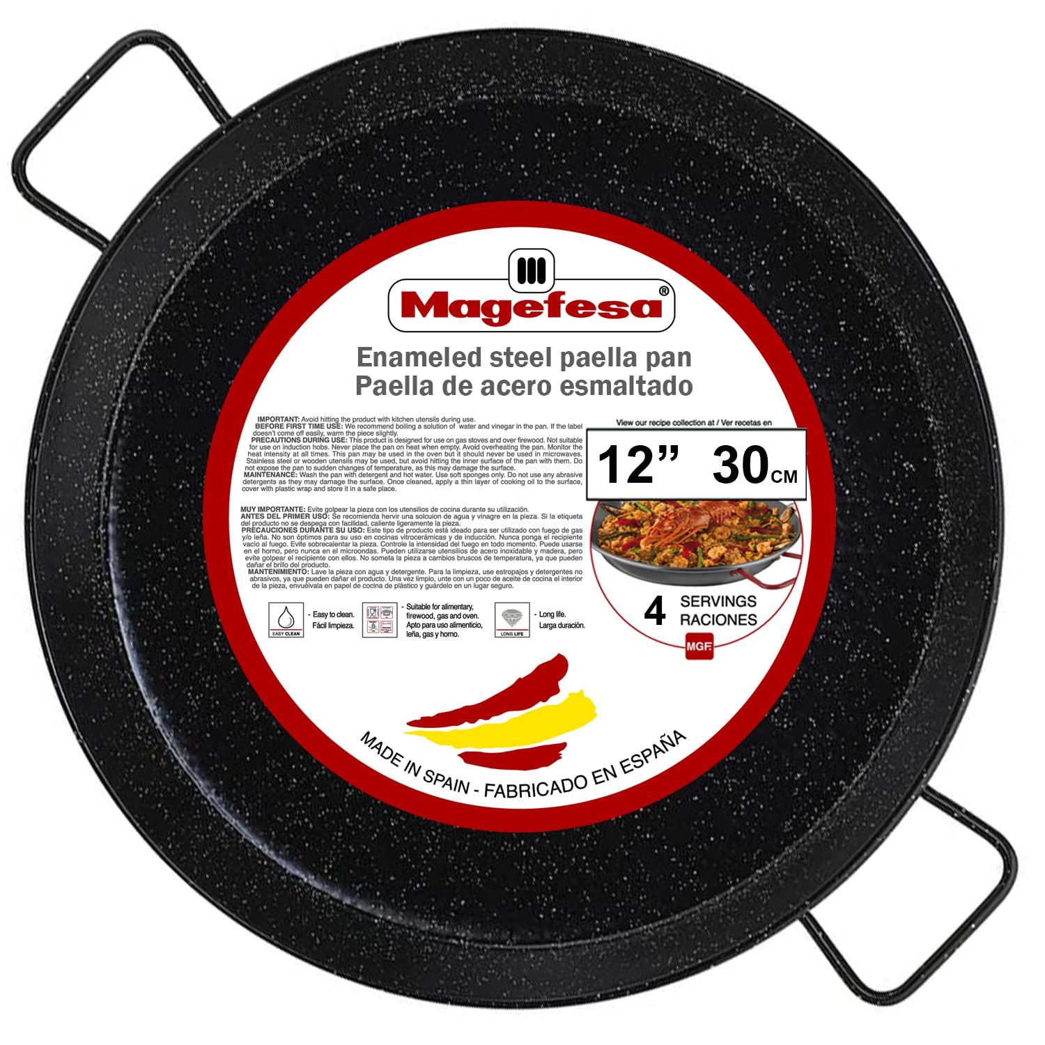 Magefesa 12" Enameled Steel Paella Pan - 30cm - 4 Servings, Ideal for Outdoor Cooking and Making Your Own Traditional Valencian Paella, Easy Cleaning