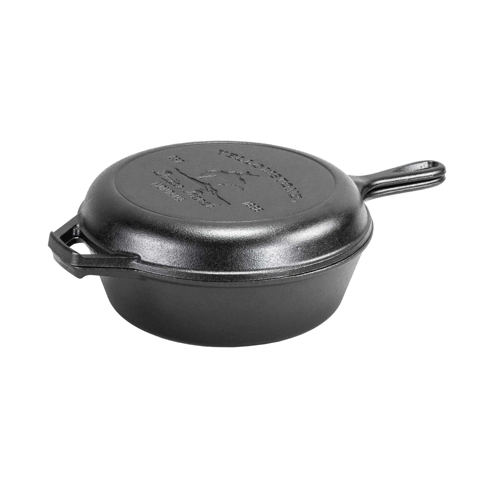 Lodge Pre-Seasoned Yellowstone Stamped Cast Iron 2 in 1 Combo Cooker - Dual Handle - Deep Pot Cooker + Frying Pan - Use in the Oven, on the Stove, on the Grill, or Over a Campfire - Use to sear, saute, bake, broil, braise, fry, or grill - Bucking Bronco 10.5 Inch Combo Cooker
