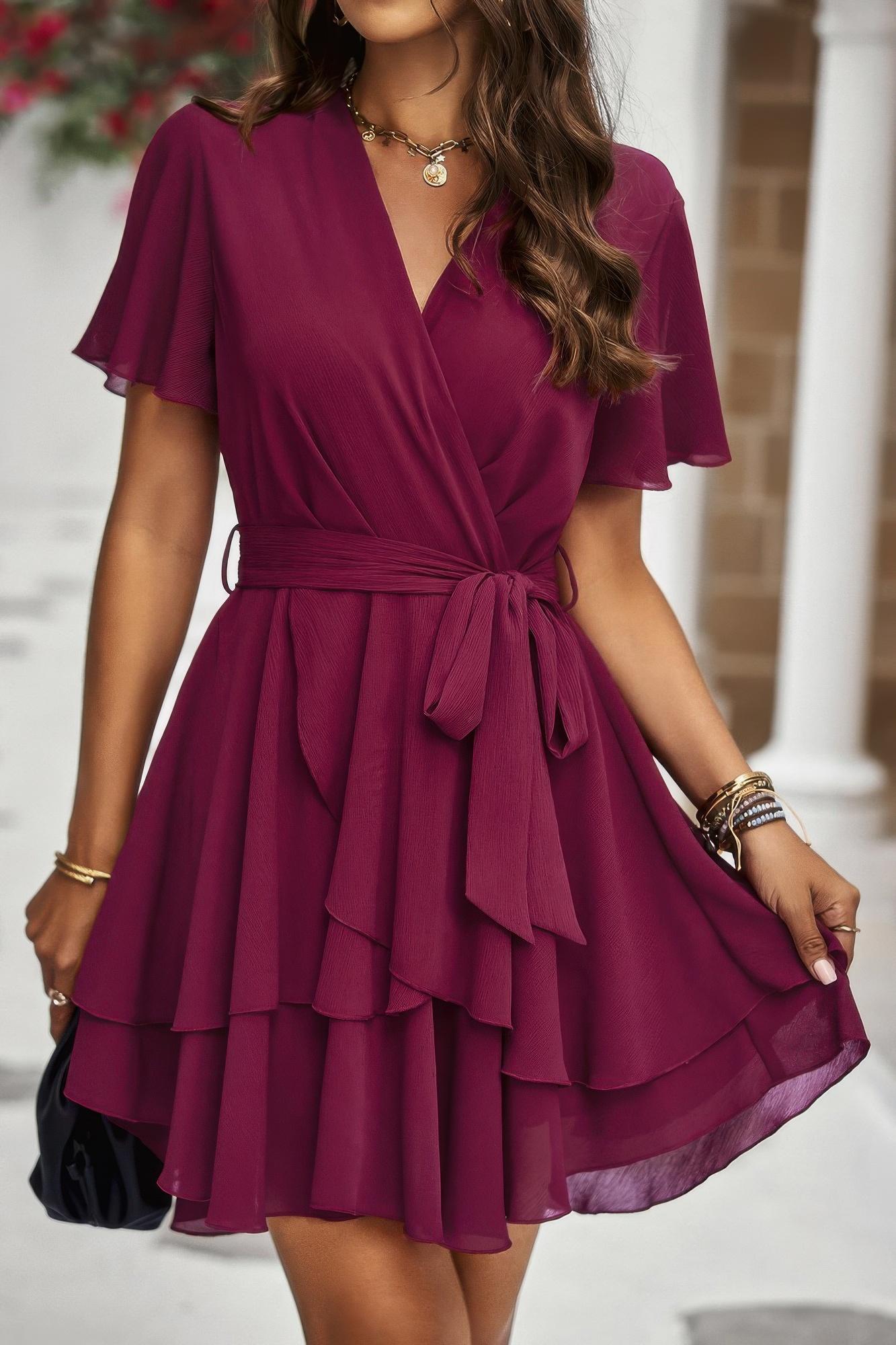 Chiffon layer hem waist tie layer hem ruffle dress image