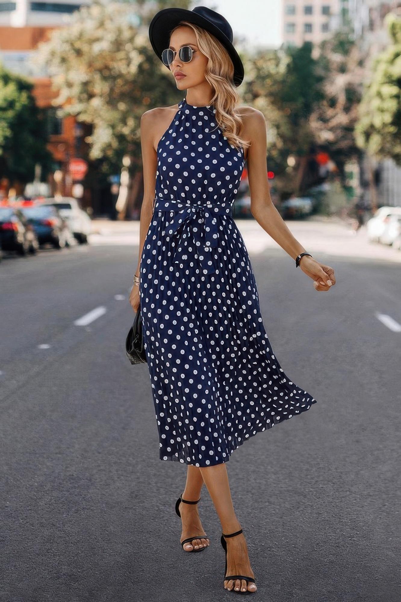Dot print open shoulder fit knot belt dress image