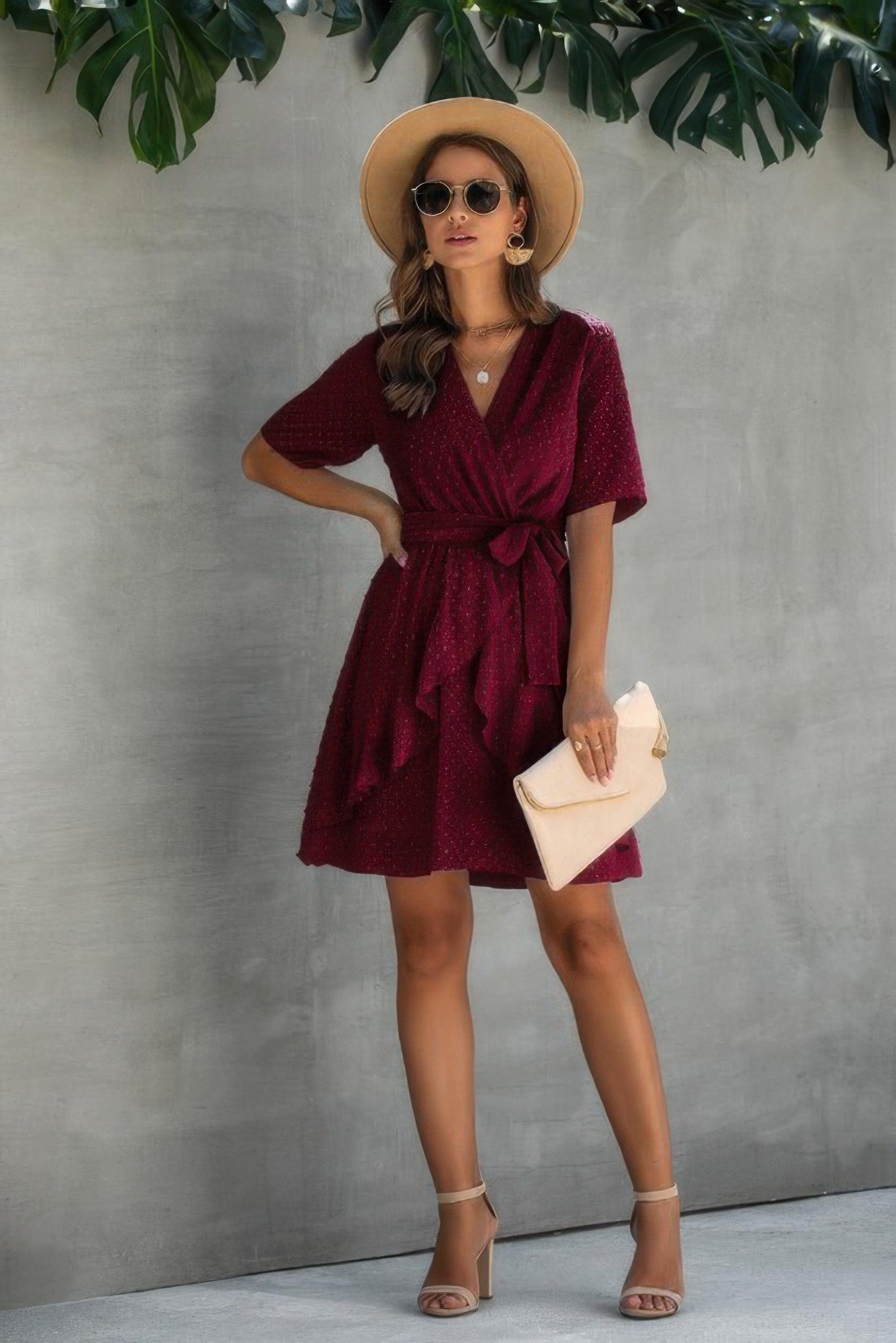 V neck ruffled hem wrap dress image