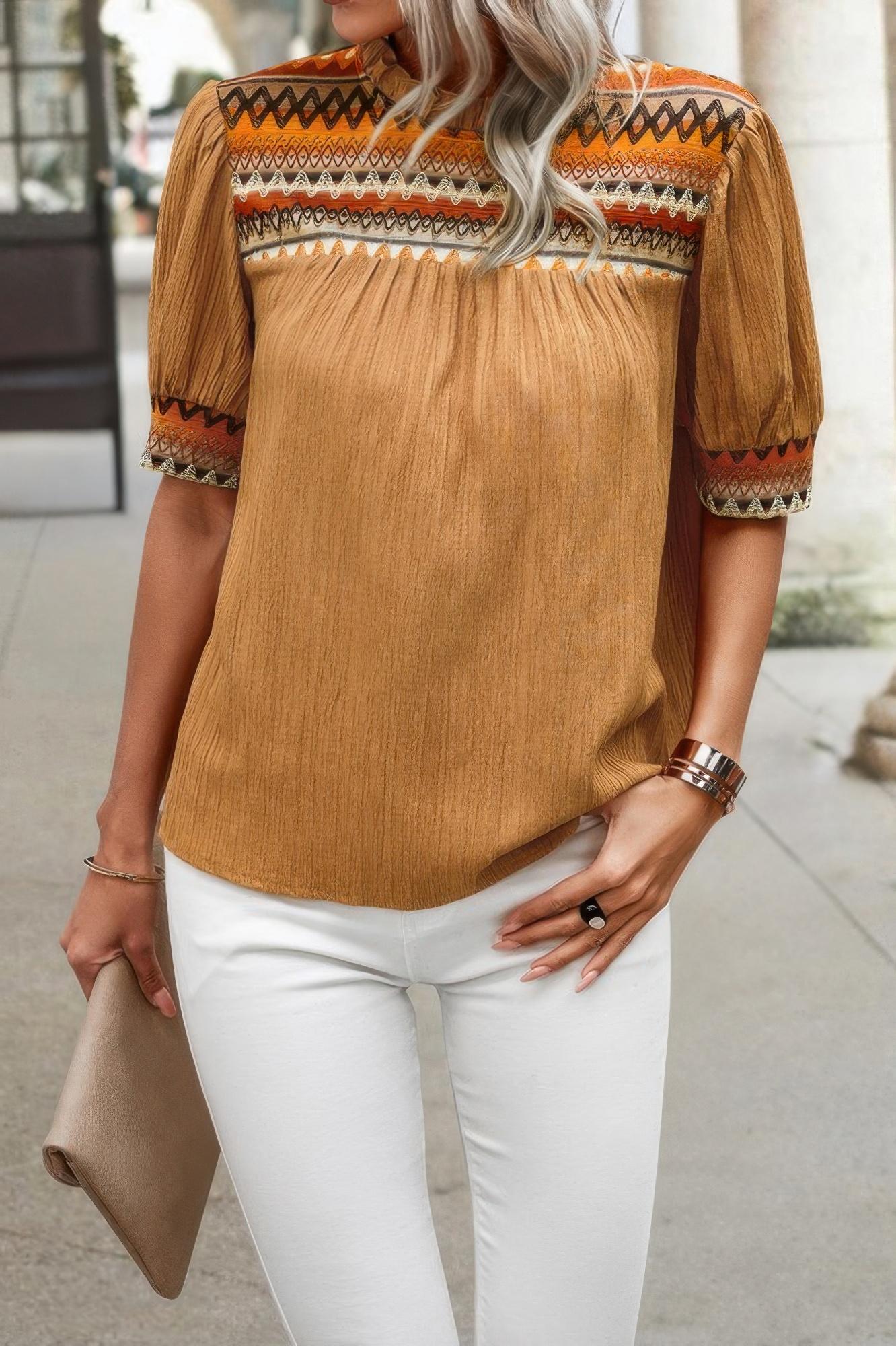 Geometric print elegant textured puff sleeve shirt image