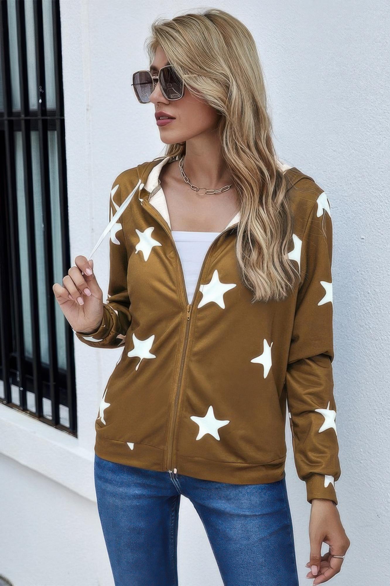 Stars print zip up long sleeve drawstring hoodie image