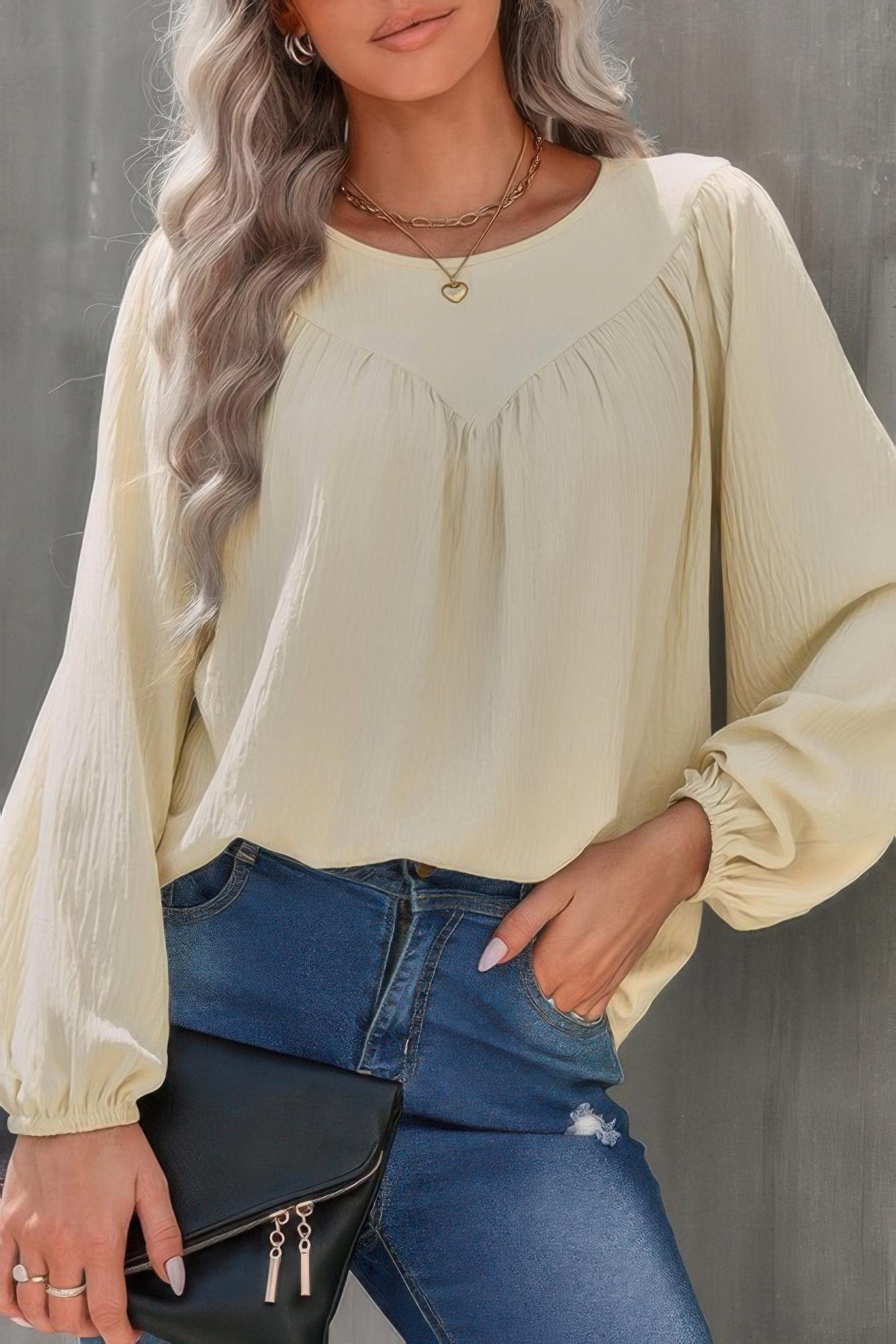 Crew neck solid long lantern sleeve shirt image