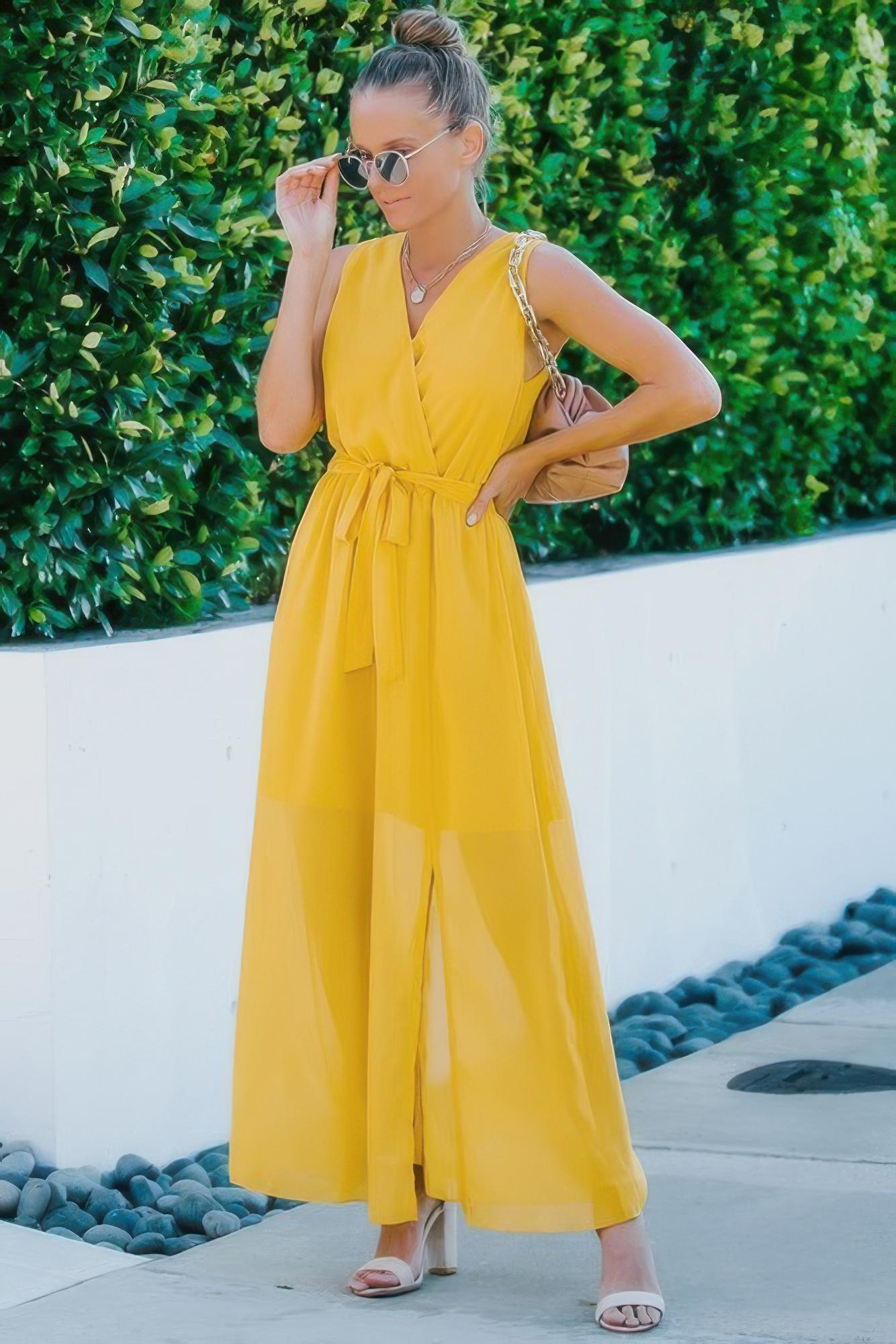Solid cross v neck sleeveless tie waist split dress image