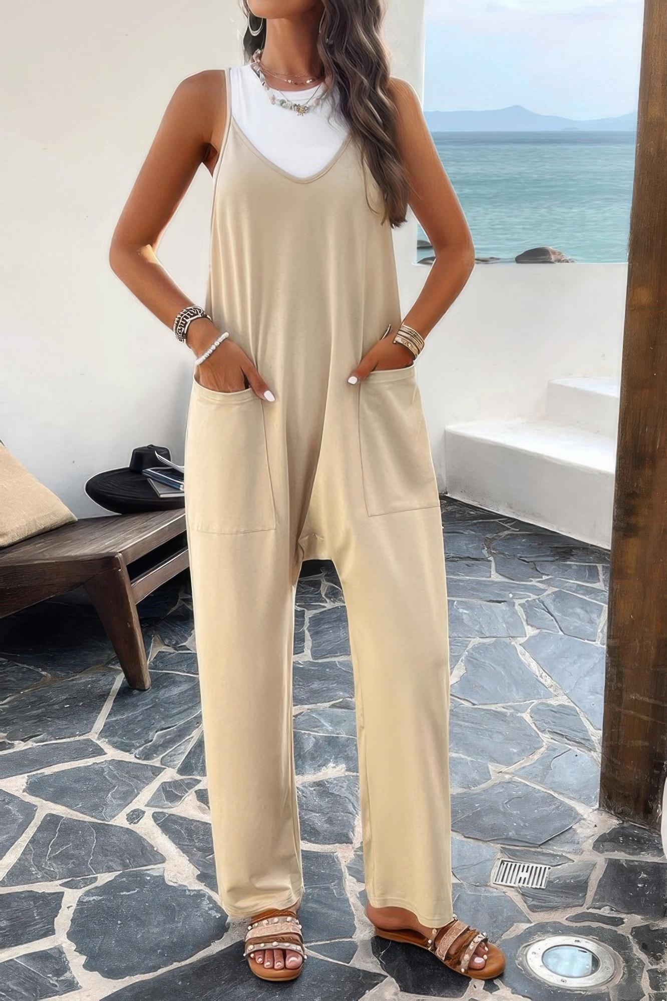 Pocketed spaghetti strap loose sleeveless jumpsuit image