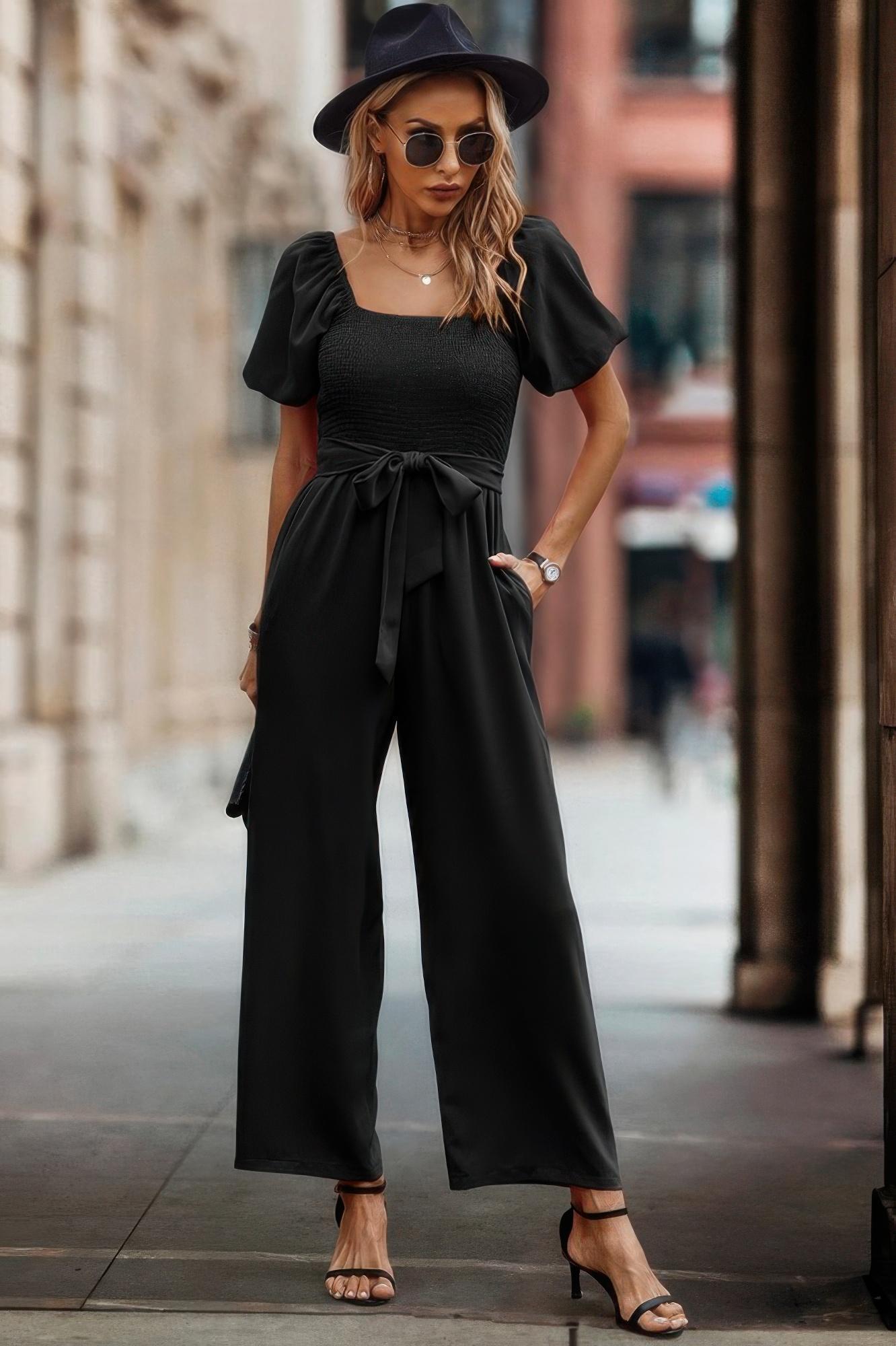 Square neck puff sleeve belted fit jumpsuit image