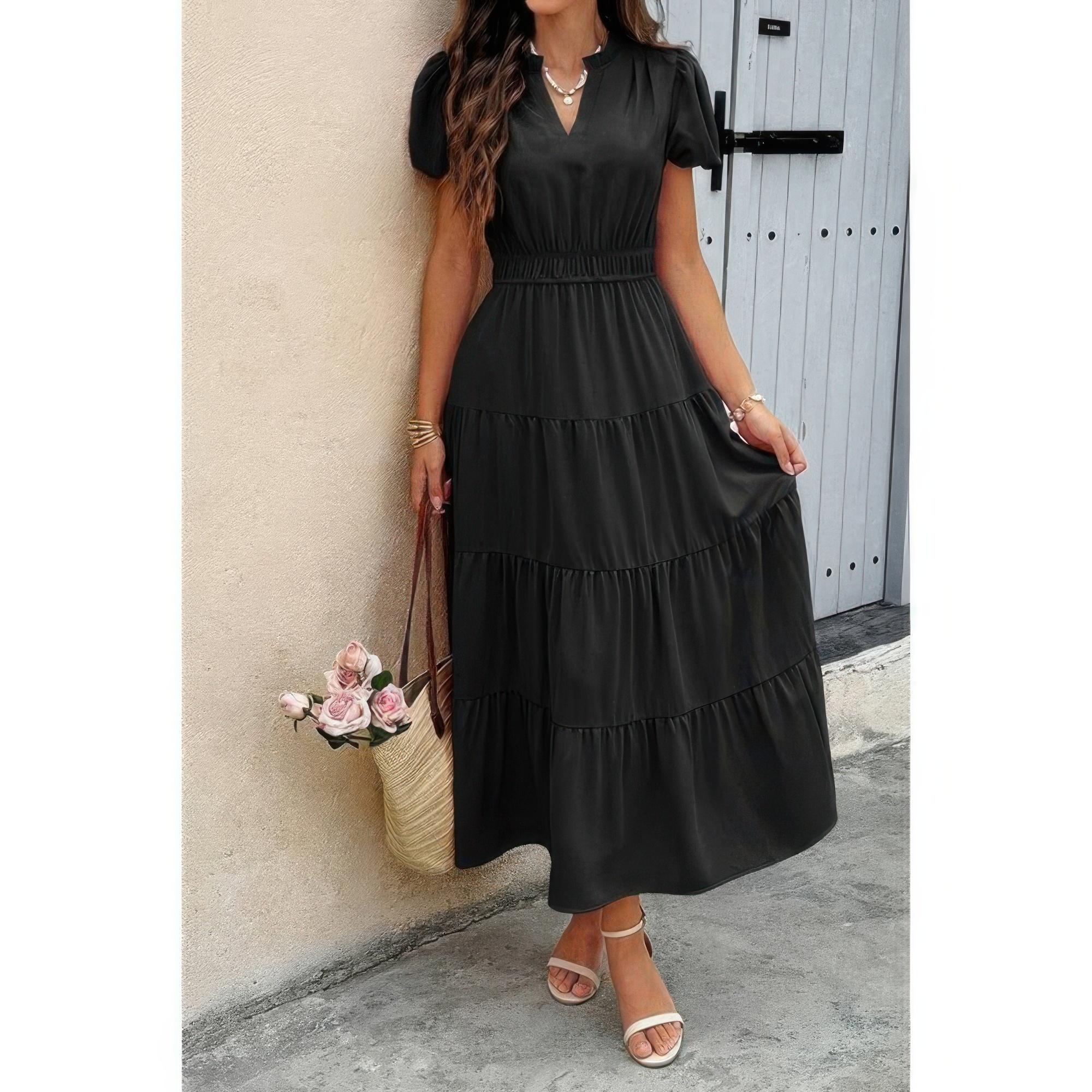 Solid v neck color block elastic waist dress image