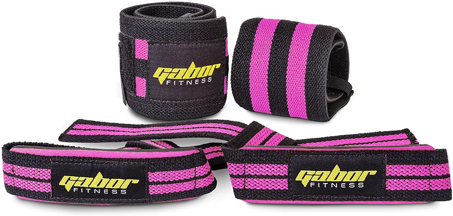 Gabor Fitness Heavy Duty Weightlifting Wrist Wraps and Straps Combo Package - Pink image