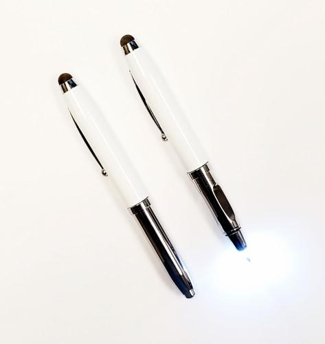 SMART LED PEN -Triple Function Light-Up LED Pull Cap Metal Ballpoint Pens With Stylus - White image