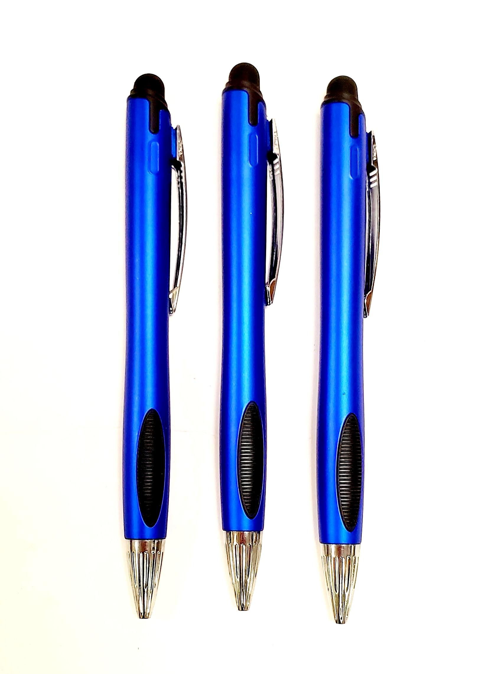Thick Blue Barrel Style Retractable Pens With Stylus- Black Ink image