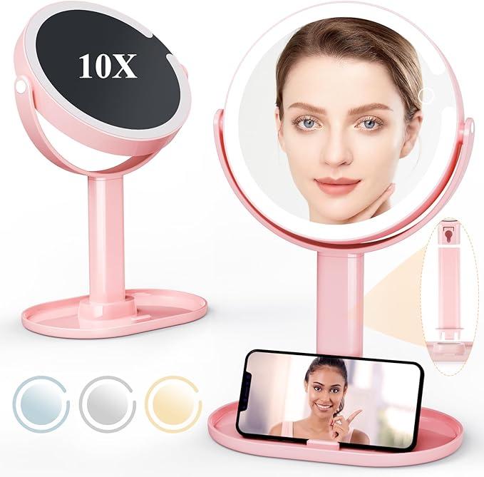 Lighted Makeup Mirror - 8" Rechargeable Double Sided - 3 Light Colors - Pink - Item #7575 image