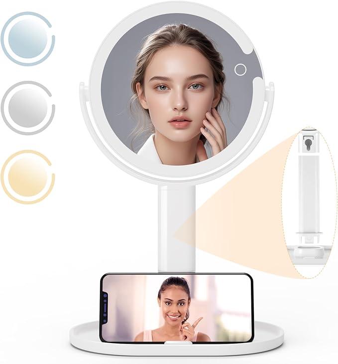 Lighted Makeup Mirror - 8" Rechargeable Double Sided - 3 Light Colors - White - Item #7574 image