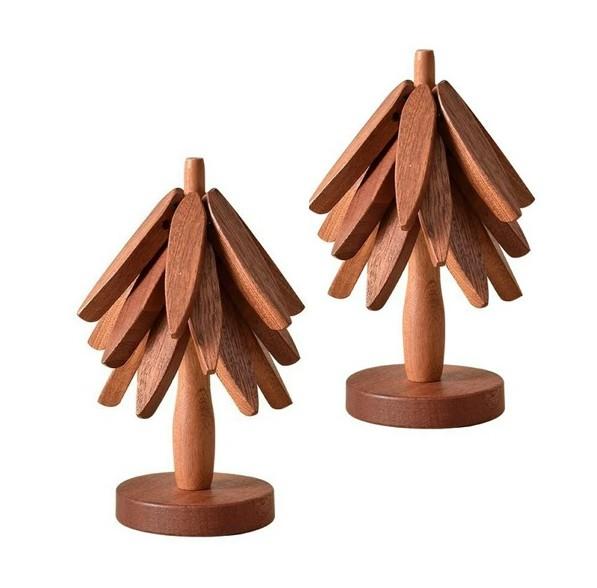 Natural Foldable Black Walnut Wooden Trivet Set - 6 Trivets + 2 Stands for Hot Dishes, Pot, Bowl, Teapot - Item #7925 image