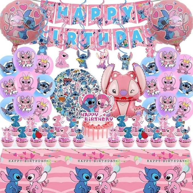 101PCS Lilo and Stitch Birthday Party Decorations Set - Banner, Balloons, Stickers, Hanging Swirls, Cake Cupcake Toppers, Tablecloth - Item #8082 image