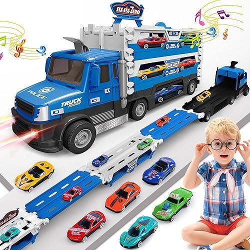 Carrier Truck Toy - 4.6-FT Foldable Hauler Track - 6 Metal Race Cars with Light & Sounds - Blue - Item #8499 image