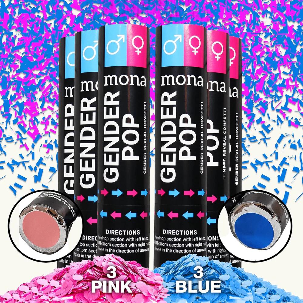 6 Pack - Mona Gender Reveal Confetti Cannon - Baby Gender Reveal Party Supplies Kit - 3 Blue & 3 Pink - Item #8489 image