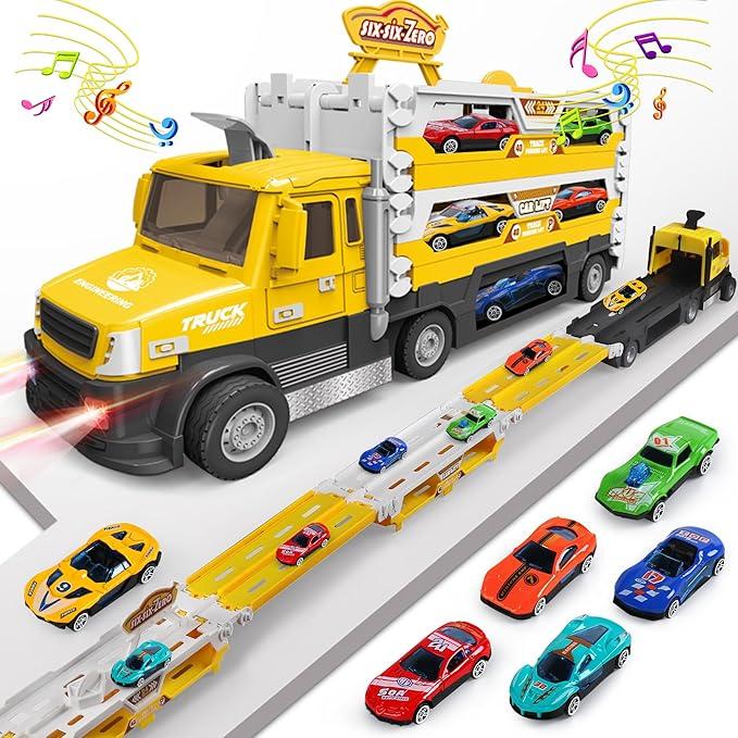 Carrier Truck Toy - 4.6-FT Foldable Hauler Track - 6 Metal Race Cars with Light & Sounds - Yellow - Item #8498 image