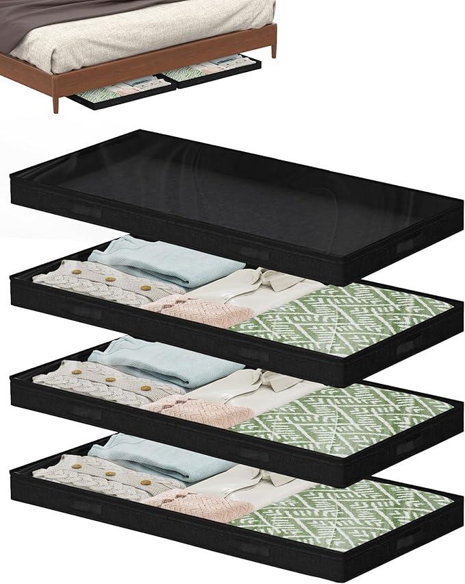 4 PACK - 3 Inch Low Profile Under Bed Storage Container - No Structure - Foldable - Lid and Zipper - Black - Item #8559 image