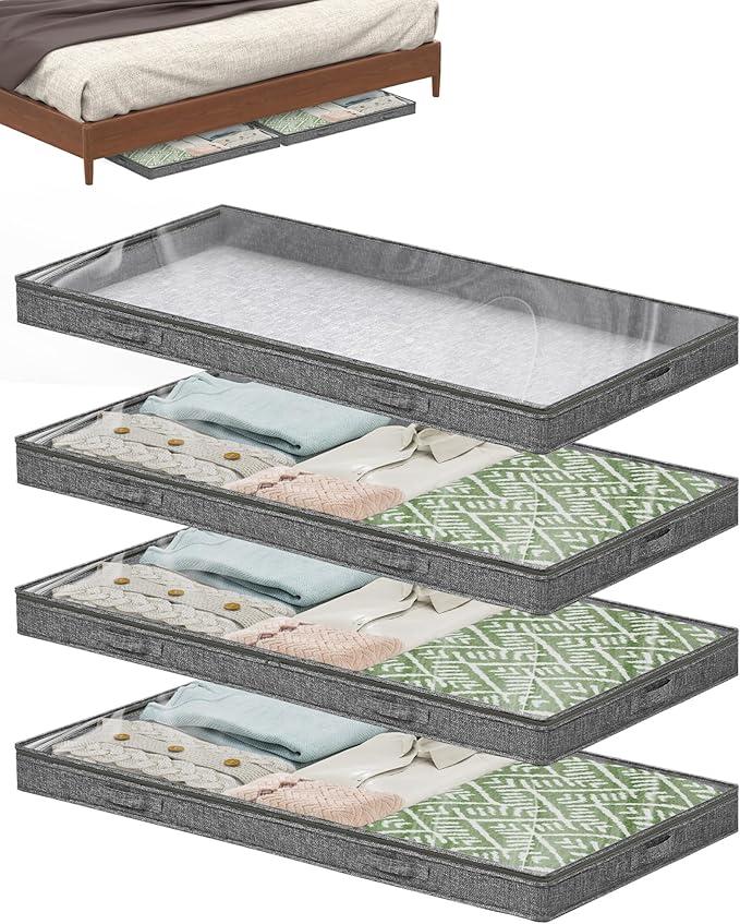 4 PACK - 3 Inch Low Profile Under Bed Storage Container - No Structure - Foldable - Lid and Zipper - Gray - Item #8558 image