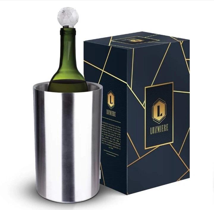 Luxmiere Stainless Steel Wine Chiller - Bonus Crystal Wine Stopper Included - Item #8660 image