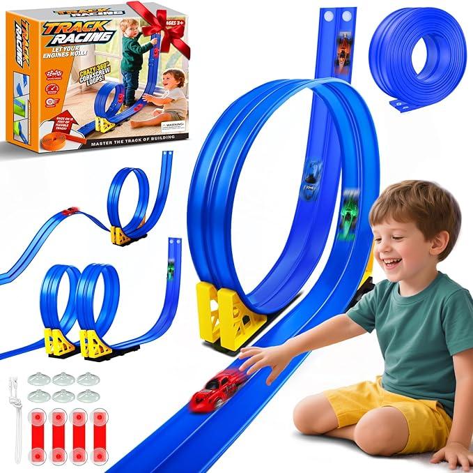 Flexible Race Track Toy Set - 15ft - Bendable Ramp - 4 metal Diecast Cars - Item #8798 image