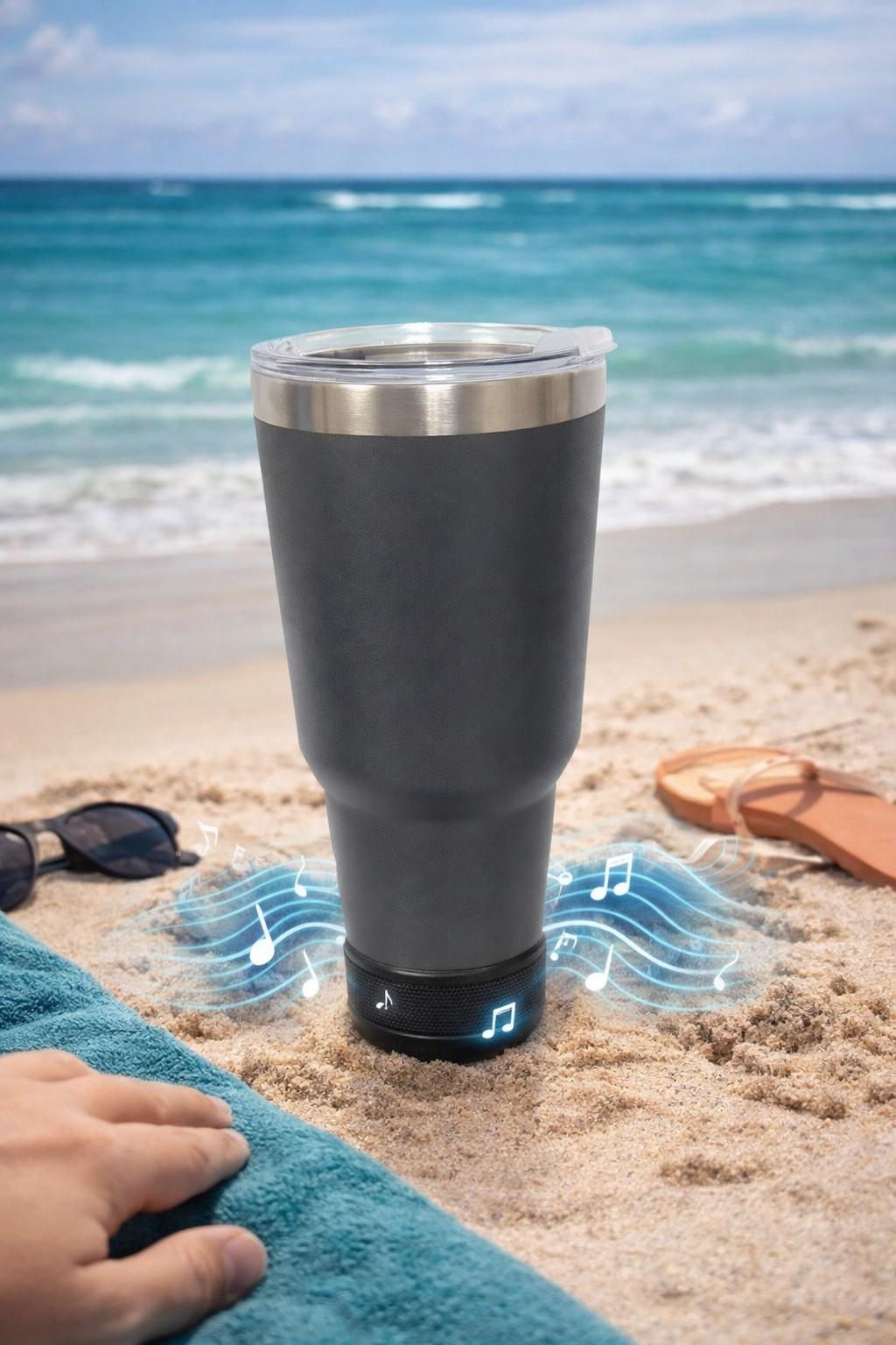 30oz Stainless Steel Tumbler with Detachable Bluetooth Speaker - BPA Free Lid - Gray - Item #8812 image
