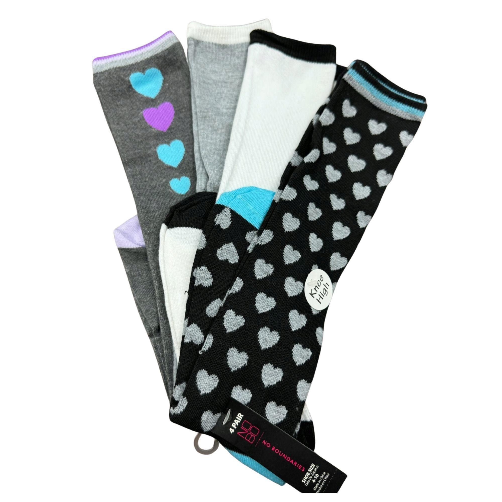 NOBO 4 Pack Knee High Socks in Purple White & Black Heart Stripes image