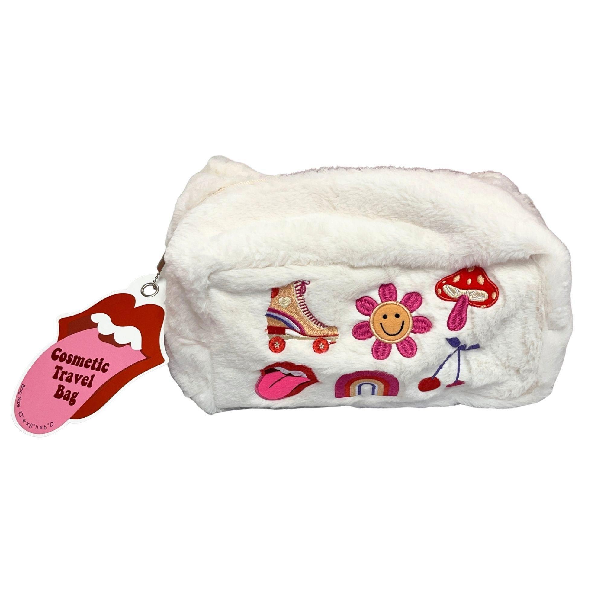 Addylu 10" x 8" Retro Embroid Faux Fur Cosmetic Bag image