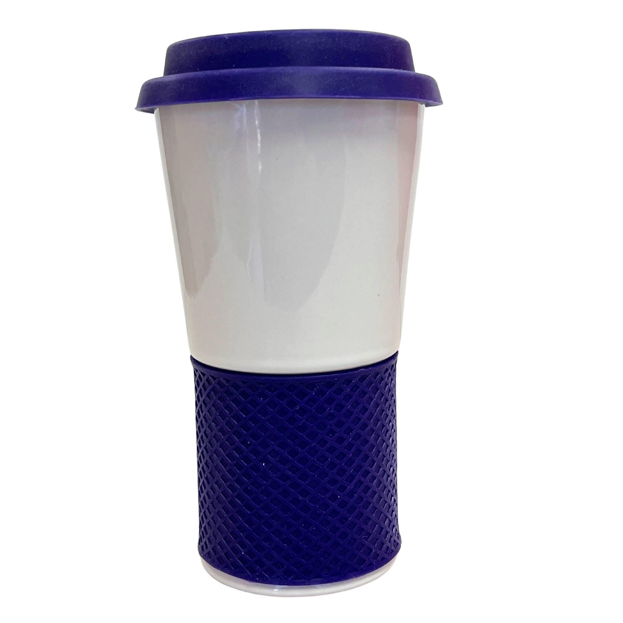 17oz White Ceramic Tumbler with Blue Lid & Sleeve image
