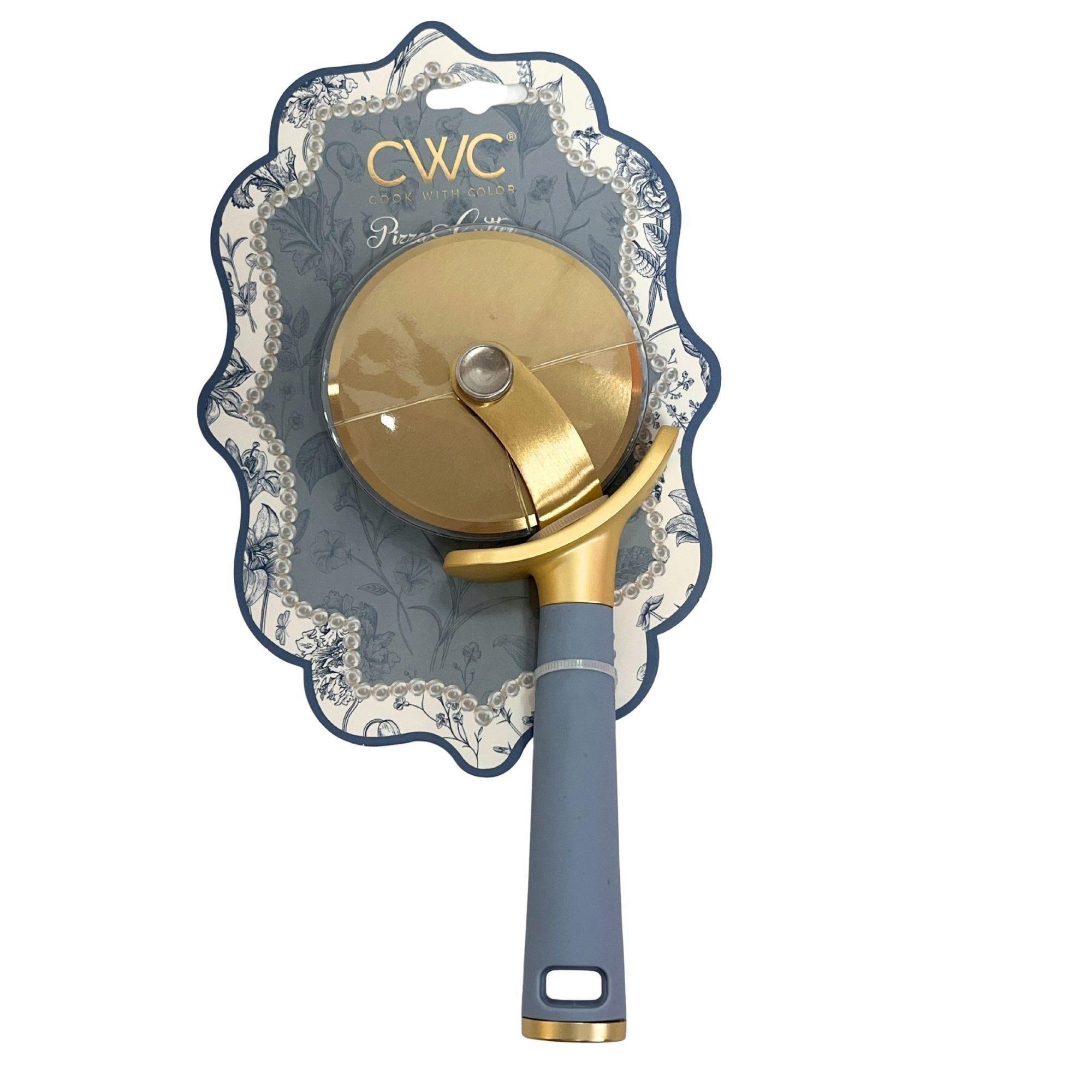 Cook with Color 3.5" x 9" Large Gold Pizza Cutter with Blue Handle image