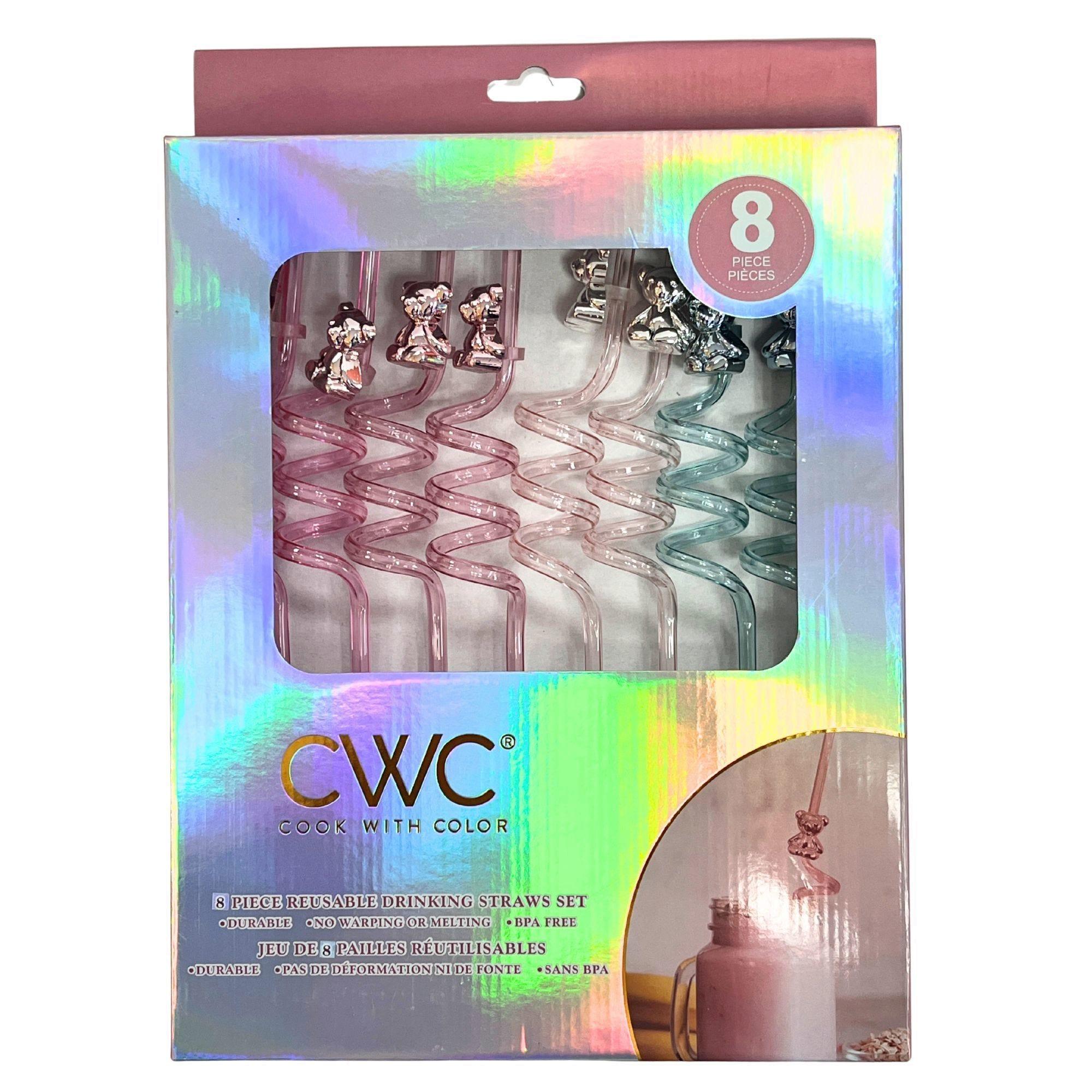 Cook with Color 8 Piece Pink and Blue Teddy Bear BPA Free Swirly Plastic Straw Set image