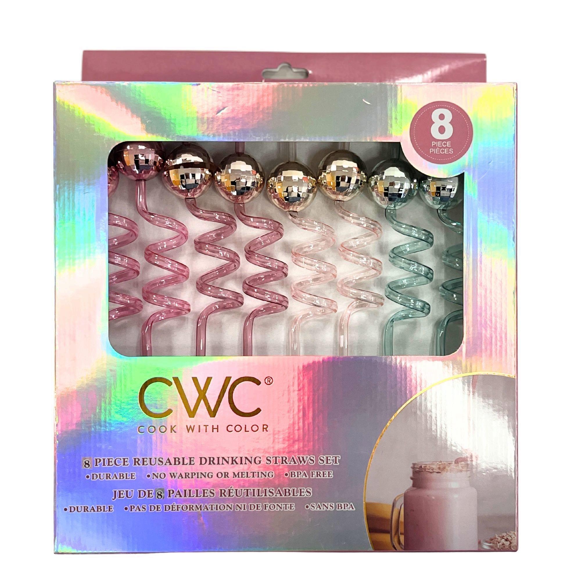 Cook with Color 8 Piece Pink and Blue Disco Ball BPA Free Swirly Plastic Straw Set image