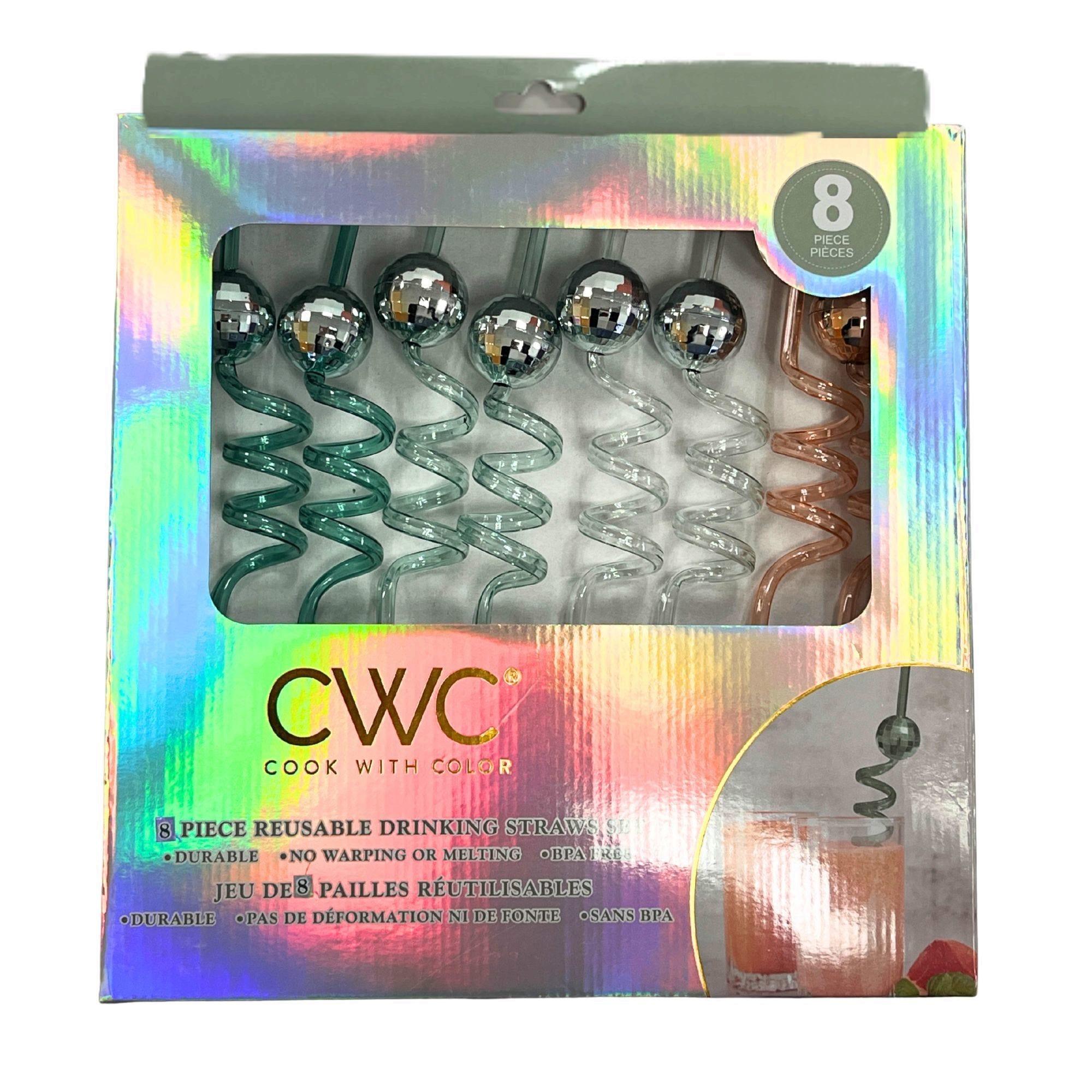 Cook with Color 8 Piece Teal and Gold Disco Ball BPA Free Swirly Plastic Straw Set image