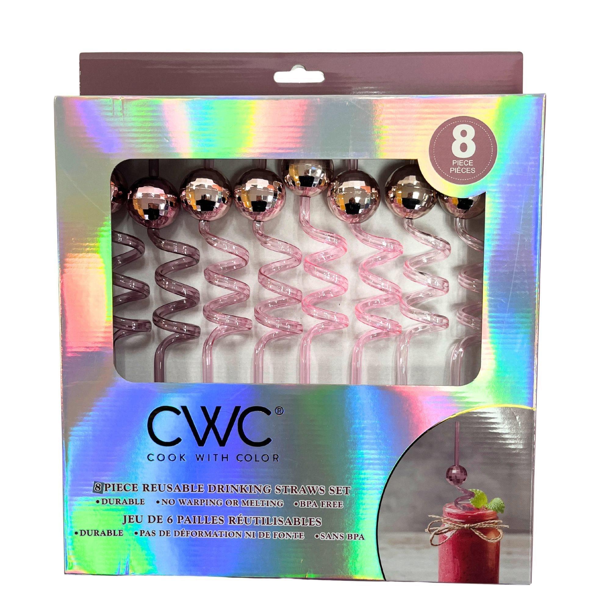 Cook with Color 8 Piece Pink Disco Ball BPA Free Swirly Plastic Straw Set image