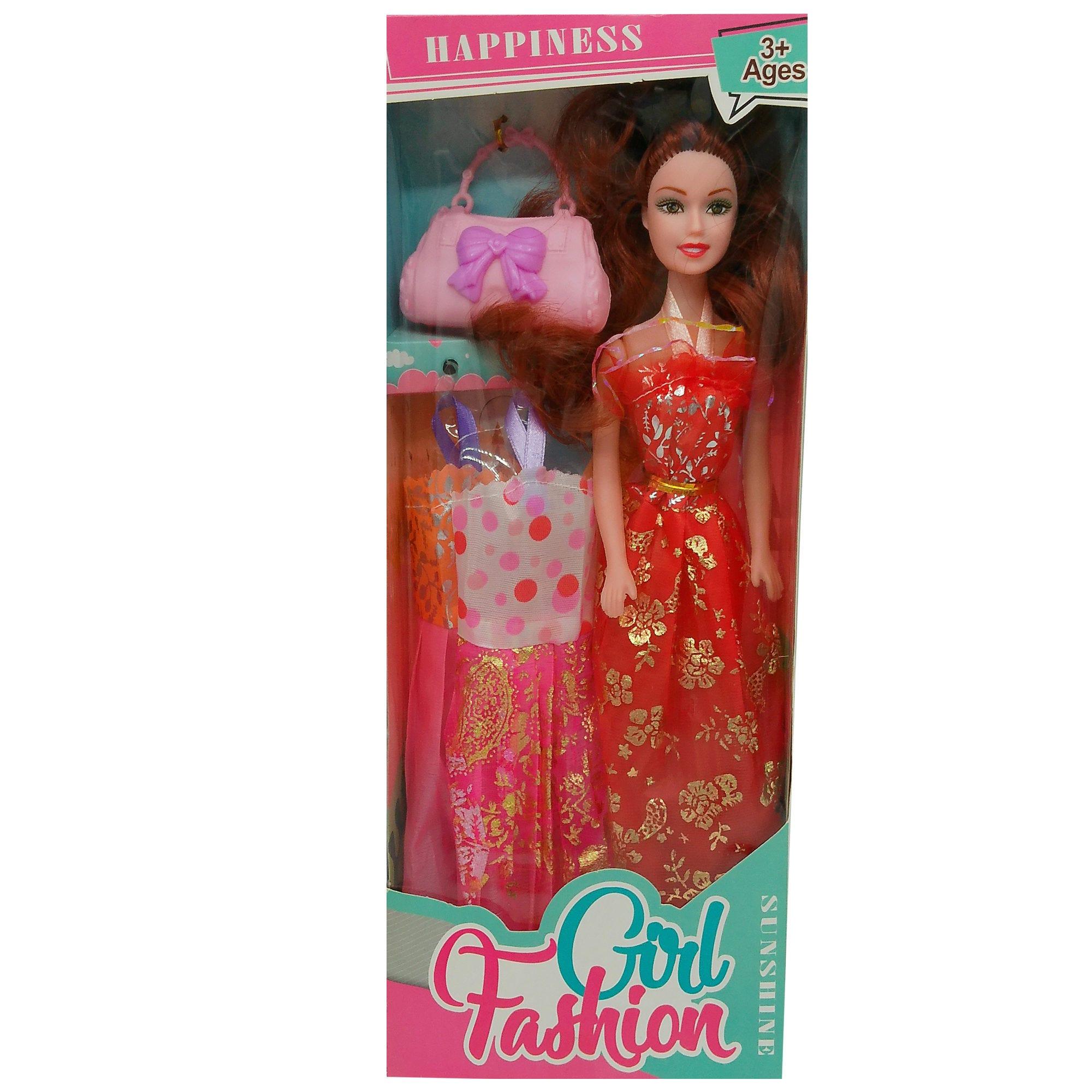 11" Brunette Fashion Doll with 3 Dresses and Purse Set image