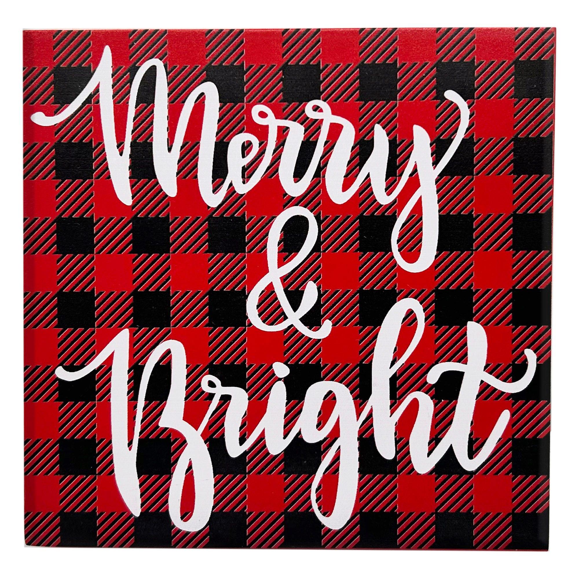 4.75" Merry and Bright Tabletop Sign with Buffalo Checkered Plaid Background image
