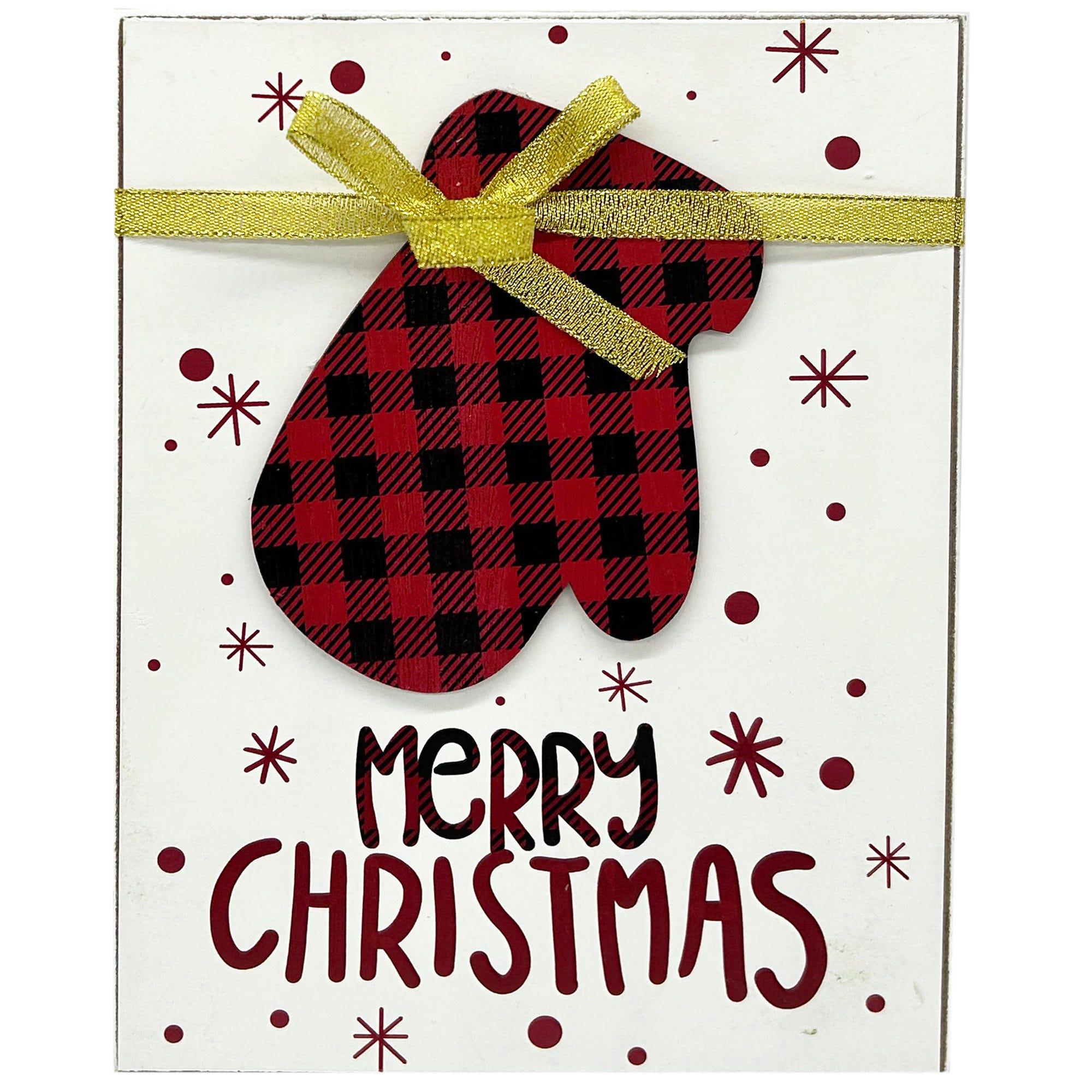 7.75" Merry Christmas with Buffalo Checkered Plaid Mitten Tabletop Decor image