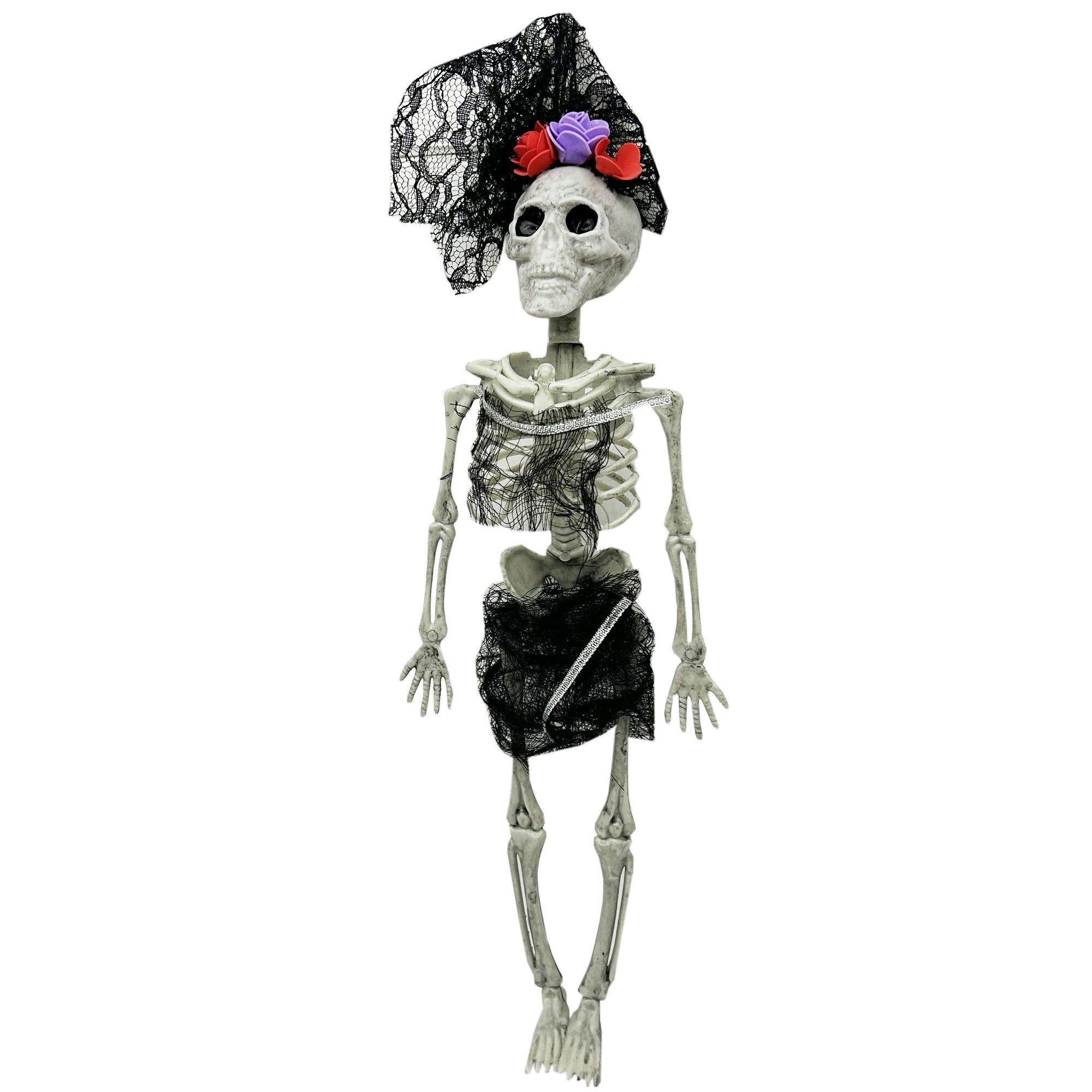 Hanging Lady Skeleton in Black Hair Veil with Flowers Halloween Decor 16" image